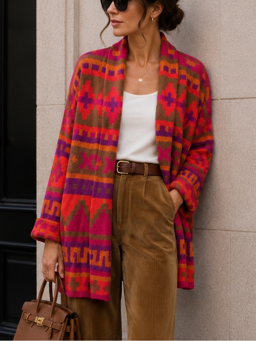 IB Diffusion Colorful Aztec Long Cardigan Boho Grunge Pink Orange Red 90s Y2K